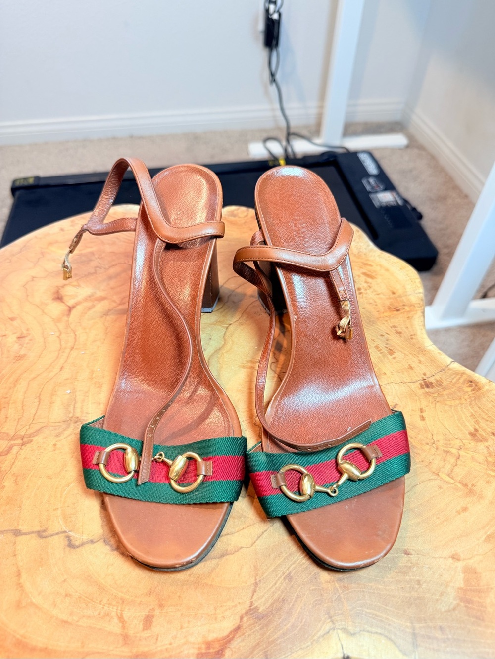 Gucci Brown Leather Heeled Sandals with Green & Red Web and Gold Horsebit